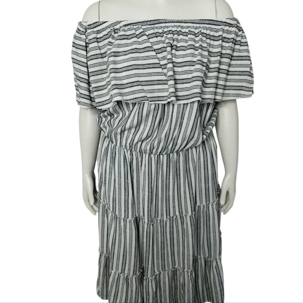 Ashley Womens Linen Euro Summer Beachy Coastal Off Shoulder Striped Tiered Dress